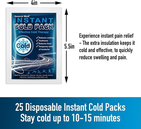 General Medi Instant Ice Cold Pack (4"x 5.5") – 25 Packs Disposable Cold Therapy Ice Packs for Pain Relief, Swelling, Inflammation, Sprains, Toothache – for Athletes & Outdoor Activities in Saudi Arabia
