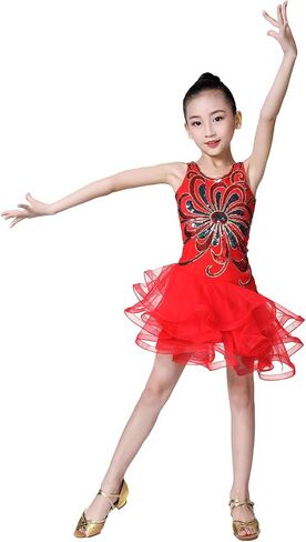Happy Cherry Girls Sequins Dance Outfits Latin Salsa Ballroom Costumes in Saudi Arabia
