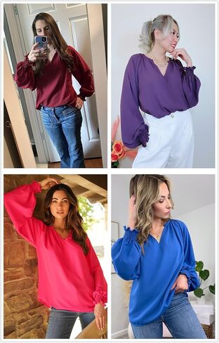 Dokotoo Womens Blouses Fashion Long Sleeve V Neck Casual Chiffon Shirts Tops Summer Outfits Clothes 2024 in Saudi Arabia