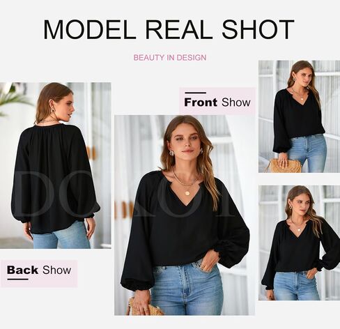 Dokotoo Womens Blouses Fashion Long Sleeve V Neck Casual Chiffon Shirts Tops Summer Outfits Clothes 2024 in Saudi Arabia