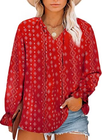 Eytino Women Plus Size Boho Floral Printed Tops Casual V Neck Long Sleeve Drawstring Blouses Shirts(1X-5X) in Saudi Arabia