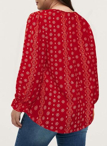 Eytino Women Plus Size Boho Floral Printed Tops Casual V Neck Long Sleeve Drawstring Blouses Shirts(1X-5X) in Saudi Arabia
