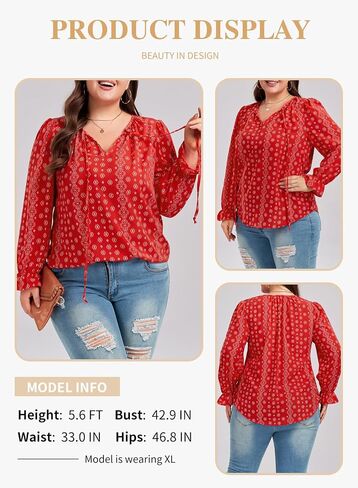 Eytino Women Plus Size Boho Floral Printed Tops Casual V Neck Long Sleeve Drawstring Blouses Shirts(1X-5X) in Saudi Arabia