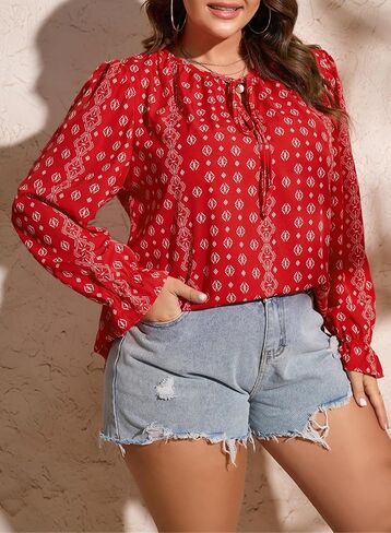 Eytino Women Plus Size Boho Floral Printed Tops Casual V Neck Long Sleeve Drawstring Blouses Shirts(1X-5X) in Saudi Arabia