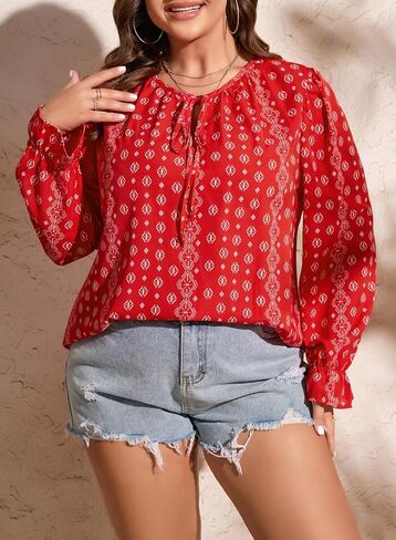 Eytino Women Plus Size Boho Floral Printed Tops Casual V Neck Long Sleeve Drawstring Blouses Shirts(1X-5X) in Saudi Arabia