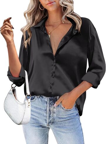 HOTOUCH Women Satin Silk Button Down Shirt Ladies Long Sleeve Tops V Neck Loose Blouse Dressy Business Casual Work Tunic Fall in Kuwait