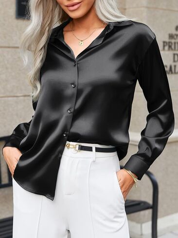 HOTOUCH Women Satin Silk Button Down Shirt Ladies Long Sleeve Tops V Neck Loose Blouse Dressy Business Casual Work Tunic Fall in Kuwait