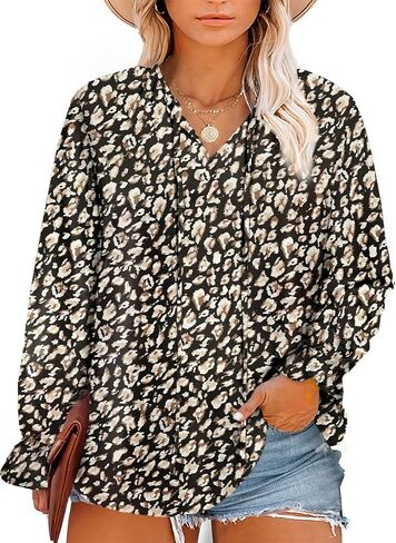 Eytino Women Plus Size Boho Floral Printed Tops Casual V Neck Long Sleeve Drawstring Blouses Shirts(1X-5X) in Saudi Arabia