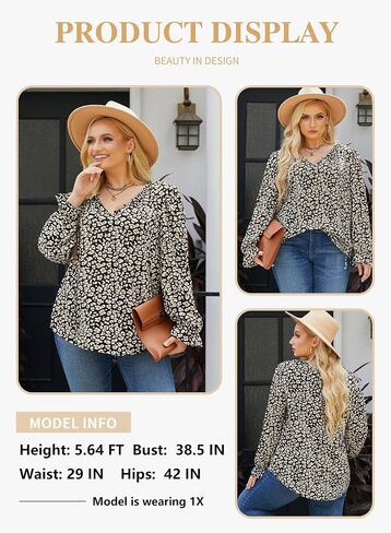 Eytino Women Plus Size Boho Floral Printed Tops Casual V Neck Long Sleeve Drawstring Blouses Shirts(1X-5X) in Saudi Arabia
