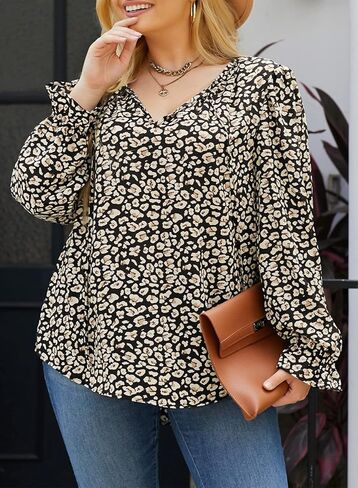 Eytino Women Plus Size Boho Floral Printed Tops Casual V Neck Long Sleeve Drawstring Blouses Shirts(1X-5X) in Saudi Arabia