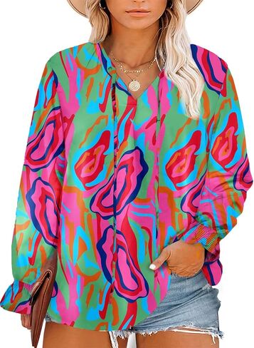 Eytino Women Plus Size Boho Floral Printed Tops Casual V Neck Long Sleeve Drawstring Blouses Shirts(1X-5X) in Kuwait
