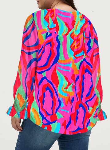 Eytino Women Plus Size Boho Floral Printed Tops Casual V Neck Long Sleeve Drawstring Blouses Shirts(1X-5X) in Kuwait