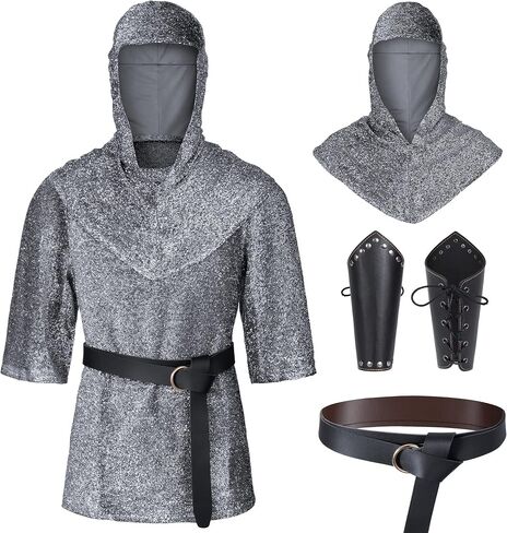 Renaissance Faux Chain Mail Armor Tunic Shirt Coif Medieval Knight Cowl Crusader Costume Outfit Bracers Waist Belt Set in Saudi Arabia
