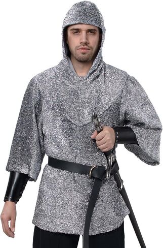 Renaissance Faux Chain Mail Armor Tunic Shirt Coif Medieval Knight Cowl Crusader Costume Outfit Bracers Waist Belt Set in Saudi Arabia