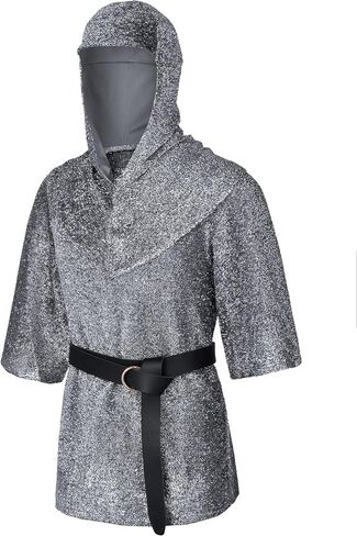 Renaissance Faux Chain Mail Armor Tunic Shirt Coif Medieval Knight Cowl Crusader Costume Outfit Bracers Waist Belt Set in Saudi Arabia