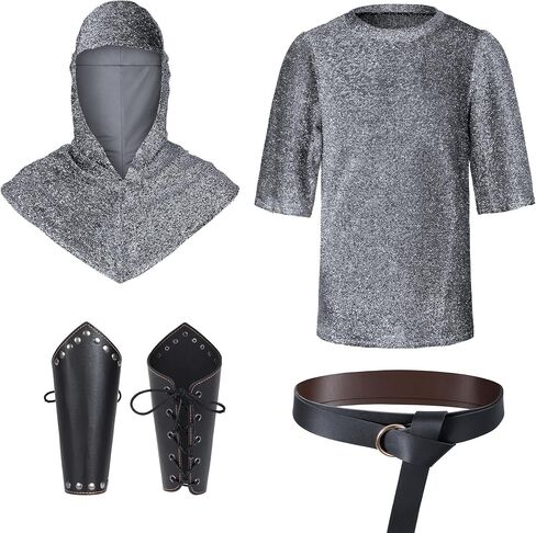 Renaissance Faux Chain Mail Armor Tunic Shirt Coif Medieval Knight Cowl Crusader Costume Outfit Bracers Waist Belt Set in Saudi Arabia