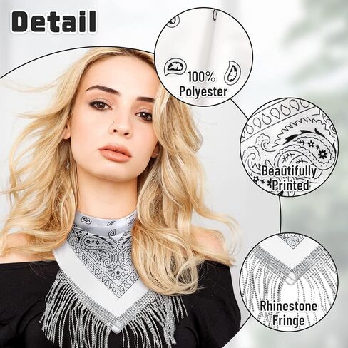 OYANIMO Disco Fringed Bandana 2 Pcs Cowgirl Bachelorette Bandanas Sparkly Rhinestone Fringe Bandanas for Women Men Western in Saudi Arabia