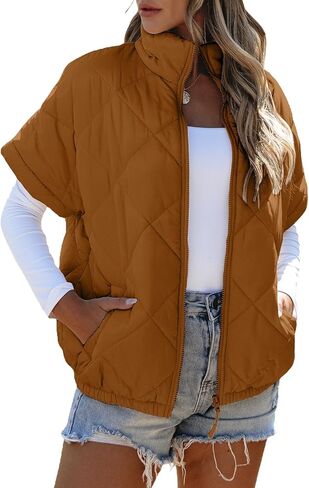 SHEWIN Quilted Jackets For Women 2024 Casual Lightweight Short Sleeve Zip Up Warm Vests in Saudi Arabia