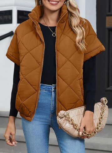 SHEWIN Quilted Jackets For Women 2024 Casual Lightweight Short Sleeve Zip Up Warm Vests in Saudi Arabia