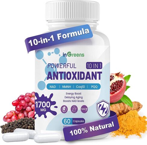 10-in-1 Antioxidants Supplement, 1700MG Super Antioxidant for Women and Men, Powerful Antioxidants with NAD, NMNH,Coq10, Cell Repair & Reducing Free Radical Damage, 60 Capsules in Saudi Arabia