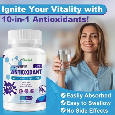 10-in-1 Antioxidants Supplement, 1700MG Super Antioxidant for Women and Men, Powerful Antioxidants with NAD, NMNH,Coq10, Cell Repair & Reducing Free Radical Damage, 60 Capsules in Saudi Arabia