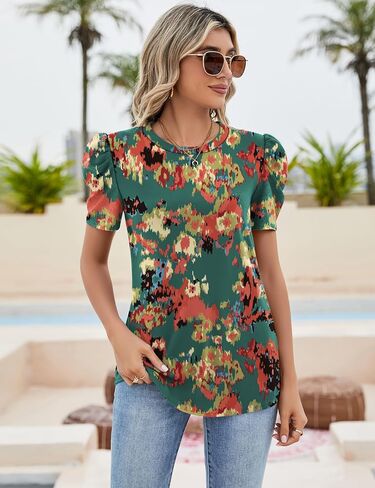 قميص Ivicoer منتفخ بأكمام قصيرة للنساء بلوزات صيفية بفتحة رقبة دائرية فضفاضة مقاس S-XXL in Saudi Arabia