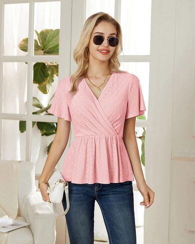 GRACE KARIN 2024 Womens Summer Tops Wrap V Neck Eyelet Top Ruffle Sleeve Peplum Casual T Shirts in Saudi Arabia