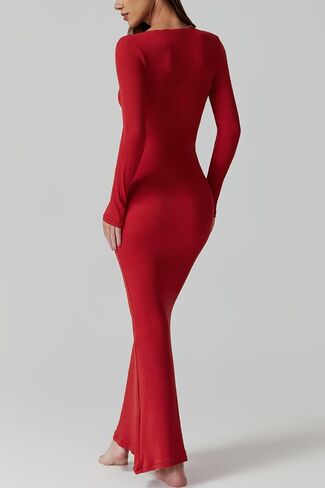 QINSEN Women's Ribbed Knit Long Sleeve Scoop Neck Maxi Dress with Lace Details Bodycon Dress in Kuwait
