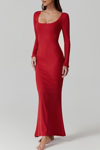 QINSEN Women's Ribbed Knit Long Sleeve Scoop Neck Maxi Dress with Lace Details Bodycon Dress in Kuwait