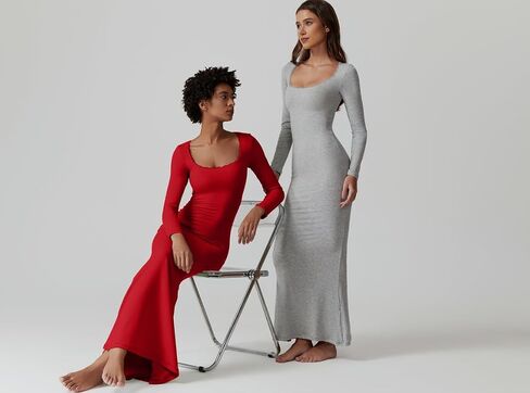 QINSEN Women's Ribbed Knit Long Sleeve Scoop Neck Maxi Dress with Lace Details Bodycon Dress in Kuwait