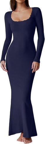 QINSEN Women's Ribbed Knit Long Sleeve Scoop Neck Maxi Dress with Lace Details Bodycon Dress in Kuwait