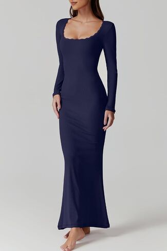 QINSEN Women's Ribbed Knit Long Sleeve Scoop Neck Maxi Dress with Lace Details Bodycon Dress in Kuwait