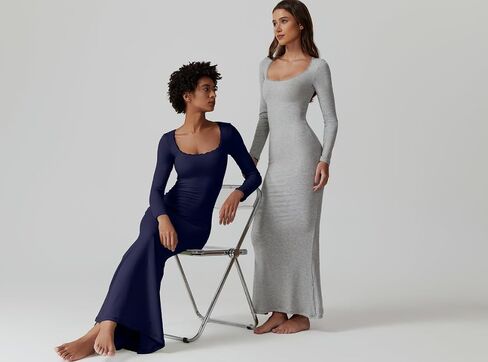 QINSEN Women's Ribbed Knit Long Sleeve Scoop Neck Maxi Dress with Lace Details Bodycon Dress in Kuwait