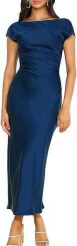 2023 Satin Cap Sleeve Cowl Back Summer Dresses for Women Elegant Ruched Waist Wedding Guest Midi Dress in Saudi Arabia