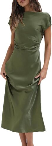 2023 Satin Cap Sleeve Cowl Back Summer Dresses for Women Elegant Ruched Waist Wedding Guest Midi Dress in Saudi Arabia
