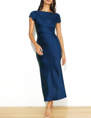 2023 Satin Cap Sleeve Cowl Back Summer Dresses for Women Elegant Ruched Waist Wedding Guest Midi Dress in Saudi Arabia