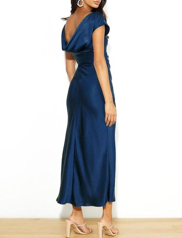 2023 Satin Cap Sleeve Cowl Back Summer Dresses for Women Elegant Ruched Waist Wedding Guest Midi Dress in Saudi Arabia