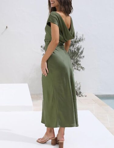 2023 Satin Cap Sleeve Cowl Back Summer Dresses for Women Elegant Ruched Waist Wedding Guest Midi Dress in Saudi Arabia