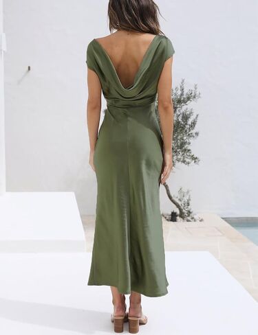 2023 Satin Cap Sleeve Cowl Back Summer Dresses for Women Elegant Ruched Waist Wedding Guest Midi Dress in Saudi Arabia