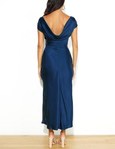 2023 Satin Cap Sleeve Cowl Back Summer Dresses for Women Elegant Ruched Waist Wedding Guest Midi Dress in Saudi Arabia