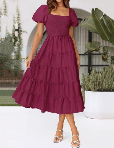 فستان ZESICA نسائي صيفي برقبة مربعة وأكمام قصيرة منتفخة بلون واحد وخصر عالي كاجوال Smocked Flowy A Line متدرج فستان متوسط ​​الطول in Saudi Arabia