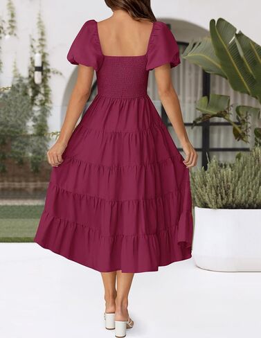 فستان ZESICA نسائي صيفي برقبة مربعة وأكمام قصيرة منتفخة بلون واحد وخصر عالي كاجوال Smocked Flowy A Line متدرج فستان متوسط ​​الطول in Saudi Arabia