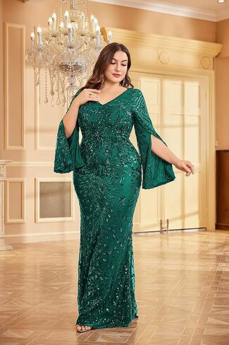 Plus Size Long Glitter Mermaid Dress for Mother of The Bride Women's Long Sleeve V-Neck Sequin Formal Gown in Saudi Arabia
