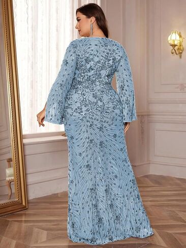 Plus Size Long Glitter Mermaid Dress for Mother of The Bride Women's Long Sleeve V-Neck Sequin Formal Gown in Saudi Arabia