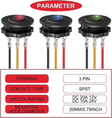 4 قطع غطاء مفتاح هزاز مستدير DC 12V 20A، DC 24V 10A، SPST 3 دبوس تشغيل أحمر/أزرق/أخضر/أصفر LED مضاء مفتاح للسيارات والقوارب RV مع غلاف دائري وأسلاك طرفية مغلقة 4 ألوان in Kuwait