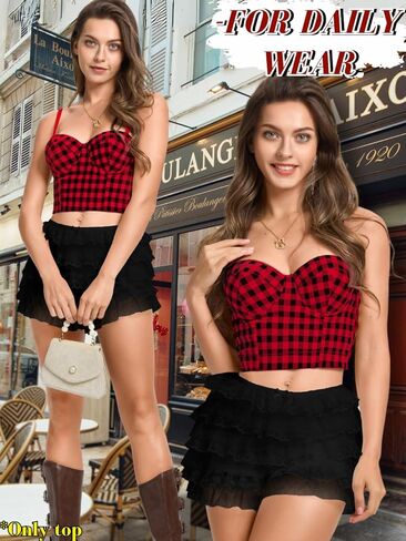 ملابس علوية قصيرة منقوشة مثيرة للنساء، قطعة علوية من القماش القطني، مشد بحزام سباغيتي مع سلك داخلي للخروج في عيد الميلاد in Kuwait