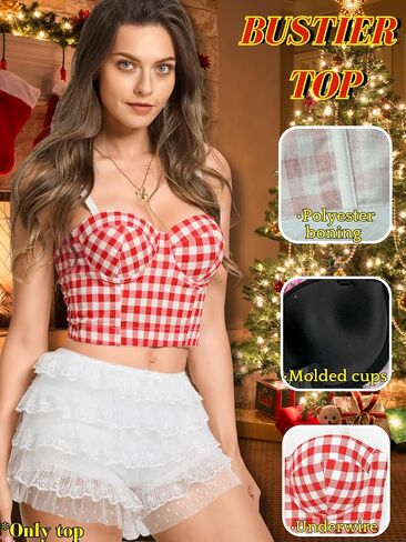 Women's Sexy Plaid Crop Tops Outfits, Gingham Bustier Tube Top, Spaghetti Strap Underwire Corset Going Out Christmas in Kuwait