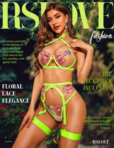 RSLOVE Women's Sexy Lingerie Set with Garter Belt Underwire Floral Embroidered 3 Piece Bra and Panty Sets Lace Babydoll in Saudi Arabia