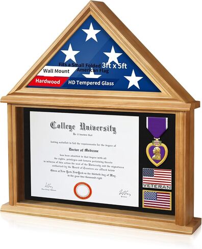 Solid Wood Flag Certificate Display Case Box with HD Tempered Glass Fit Small Folded 3'x5' American Flag(Not for 9.5'x5' Burial Flag), Veteran Military Shadow Box Felt Lining for Badge Medal, Mahogany in Kuwait