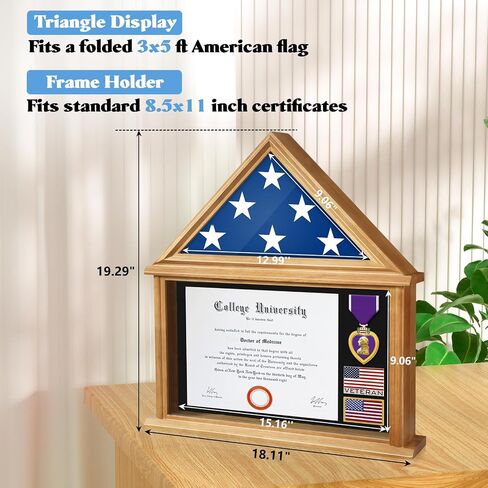 Solid Wood Flag Certificate Display Case Box with HD Tempered Glass Fit Small Folded 3'x5' American Flag(Not for 9.5'x5' Burial Flag), Veteran Military Shadow Box Felt Lining for Badge Medal, Mahogany in Kuwait